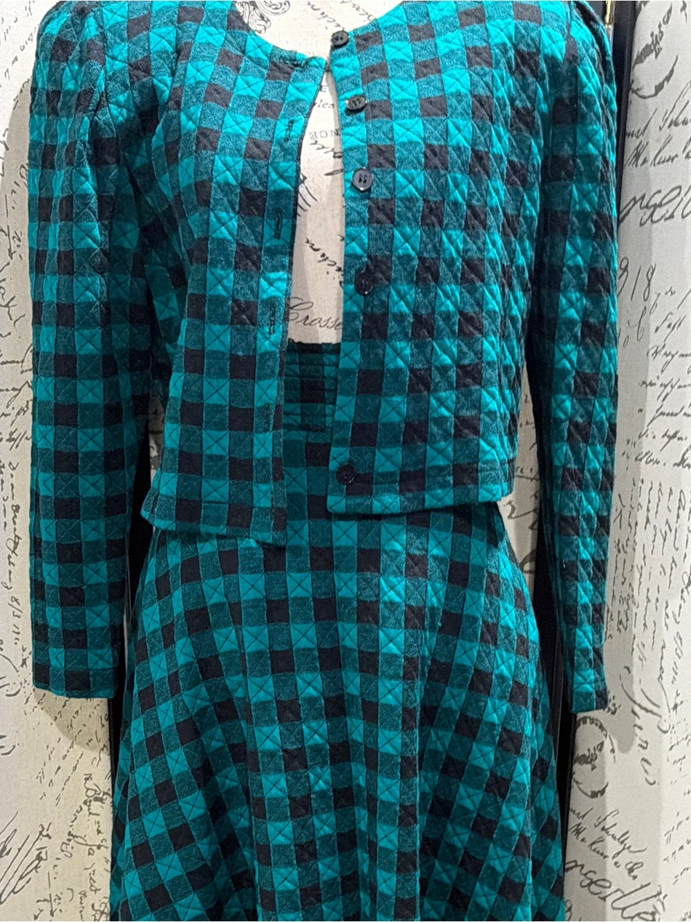 Vintage Teal and Black Check Two-Piece Skirt Set - Picture 2 of 15